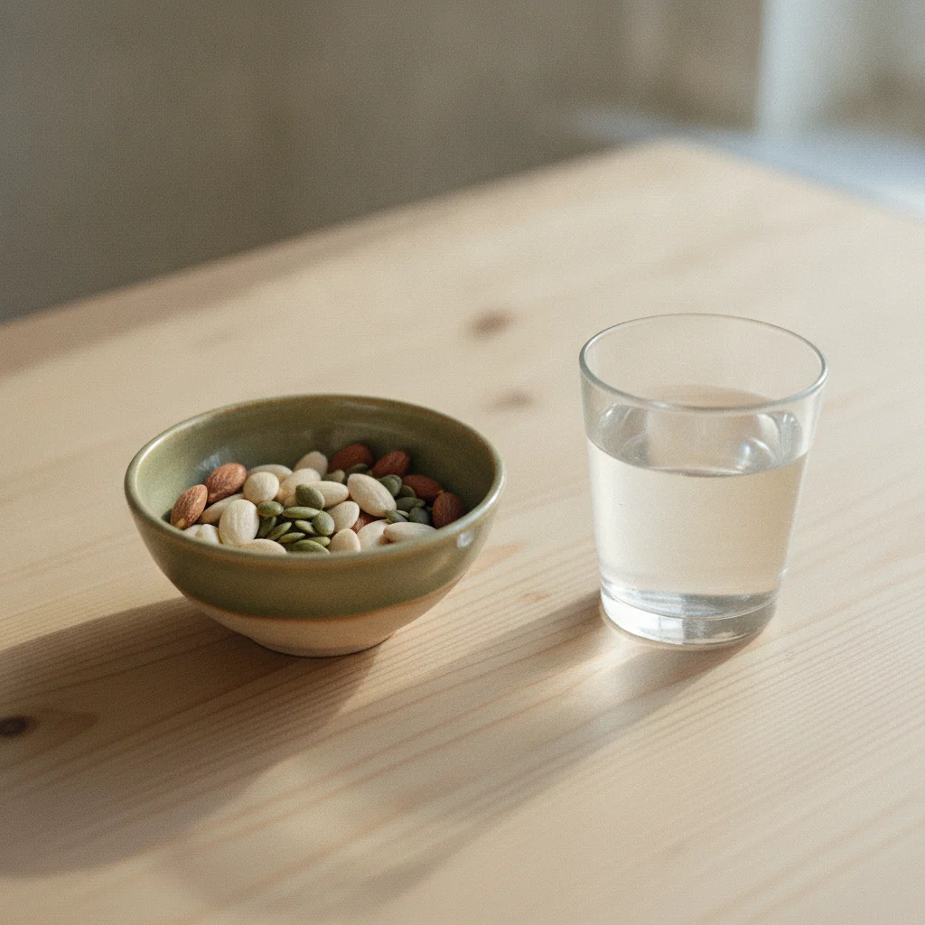 Ett glas vatten och en frukostskål med nötter och frön på ett ljust träbord på morgonen